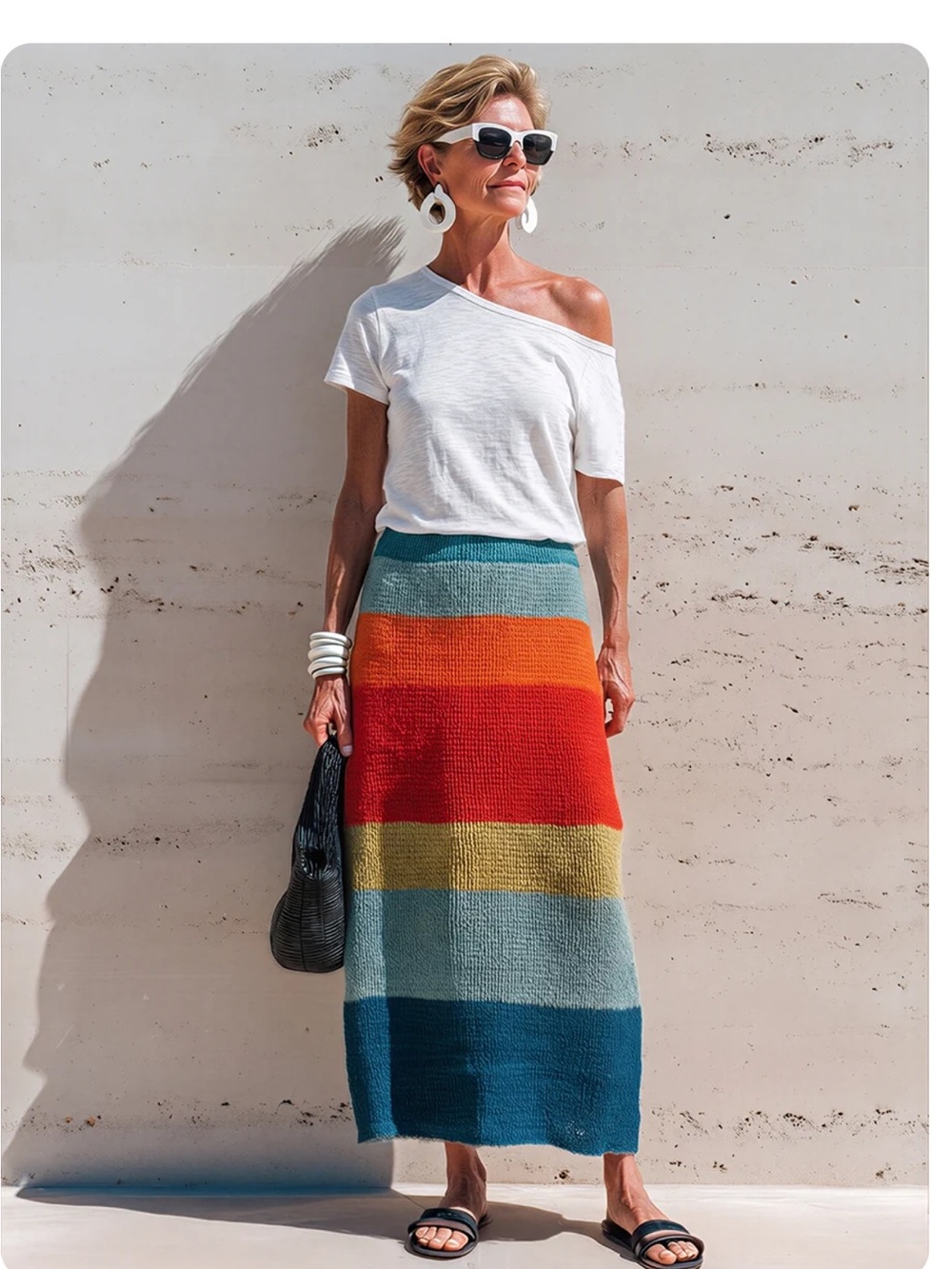 Colorblock Knit Maxi Skirt — Red, Olive, Light Blue & Navy